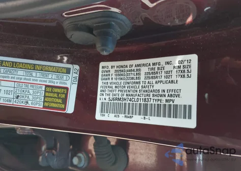 2012 Honda Cr-V Ex-L from USA, damaged, VIN 5J6RM3H74CL011837
